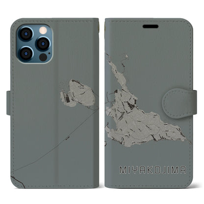 【宮古島（沖縄県）】地図柄iPhoneケース（手帳タイプ）モノトーン・iPhone 12 / 12 Pro 用