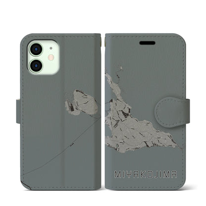 【宮古島（沖縄県）】地図柄iPhoneケース（手帳タイプ）モノトーン・iPhone 12 mini 用