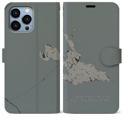 【宮古島（沖縄県）】地図柄iPhoneケース（手帳タイプ）モノトーン・iPhone 13 Pro Max 用