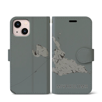 【宮古島（沖縄県）】地図柄iPhoneケース（手帳タイプ）モノトーン・iPhone 13 mini 用