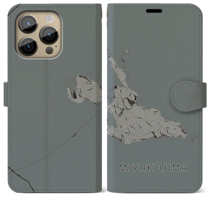 【宮古島（沖縄県）】地図柄iPhoneケース（手帳タイプ）モノトーン・iPhone 14 Pro Max 用