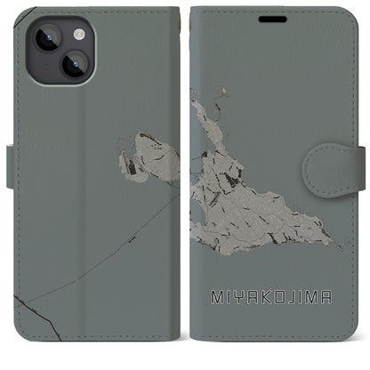 【宮古島（沖縄県）】地図柄iPhoneケース（手帳タイプ）モノトーン・iPhone 14 Plus 用