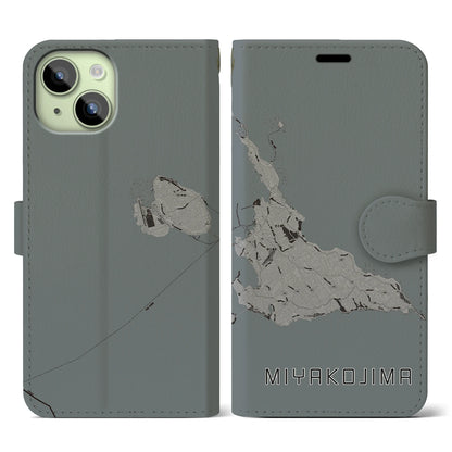 【宮古島（沖縄県）】地図柄iPhoneケース（手帳タイプ）モノトーン・iPhone 15 用