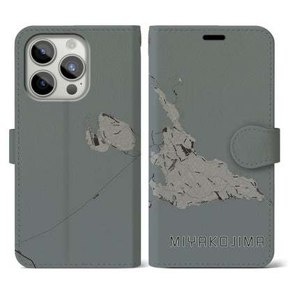 【宮古島（沖縄県）】地図柄iPhoneケース（手帳タイプ）モノトーン・iPhone 15 Pro 用