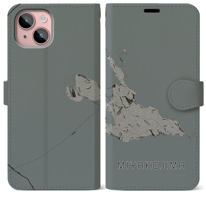 【宮古島（沖縄県）】地図柄iPhoneケース（手帳タイプ）モノトーン・iPhone 15 Plus 用