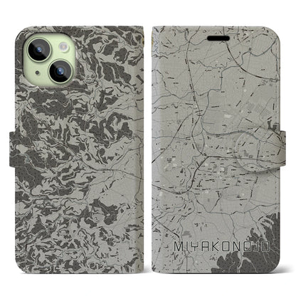 【都城（宮崎県）】地図柄iPhoneケース（手帳タイプ）モノトーン・iPhone 15 用