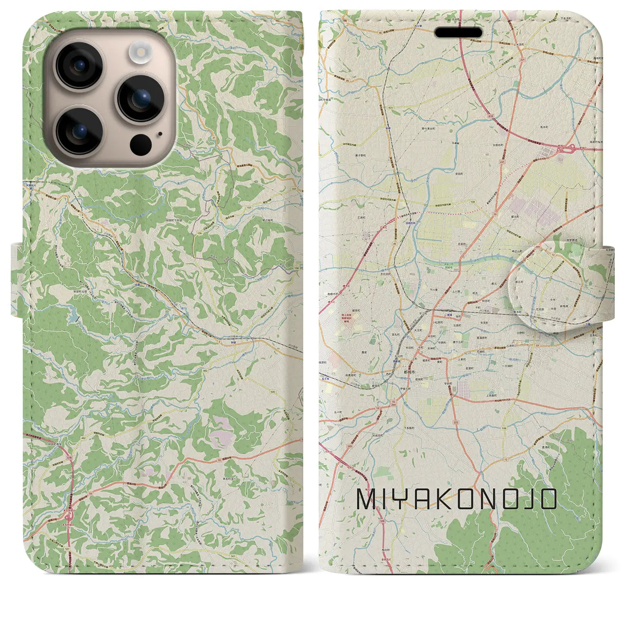 【都城（宮崎県）】地図柄iPhoneケース（手帳タイプ）ナチュラル・iPhone 16 Plus 用