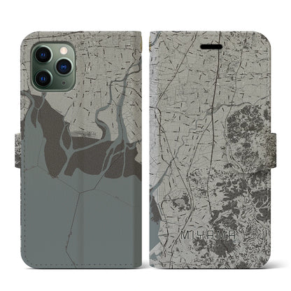 【みやま（福岡県）】地図柄iPhoneケース（手帳タイプ）モノトーン・iPhone 11 Pro 用