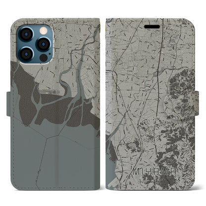 【みやま（福岡県）】地図柄iPhoneケース（手帳タイプ）モノトーン・iPhone 12 / 12 Pro 用