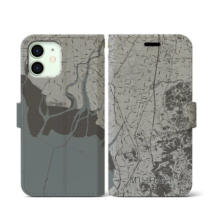 【みやま（福岡県）】地図柄iPhoneケース（手帳タイプ）モノトーン・iPhone 12 mini 用