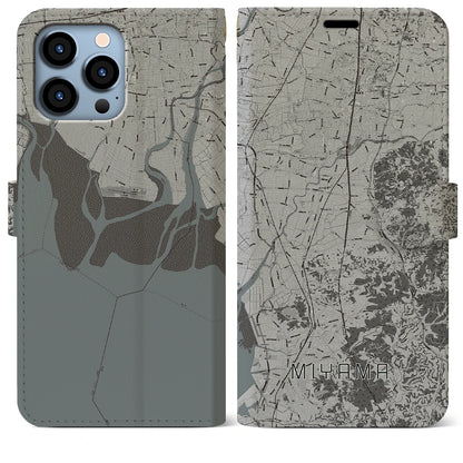 【みやま（福岡県）】地図柄iPhoneケース（手帳タイプ）モノトーン・iPhone 13 Pro Max 用