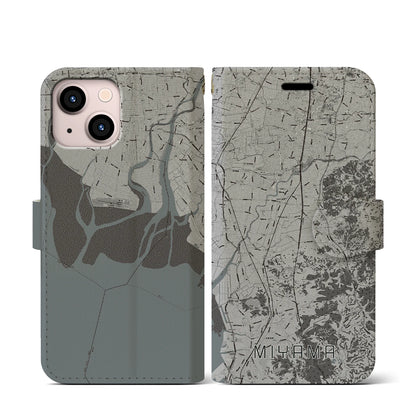 【みやま（福岡県）】地図柄iPhoneケース（手帳タイプ）モノトーン・iPhone 13 mini 用