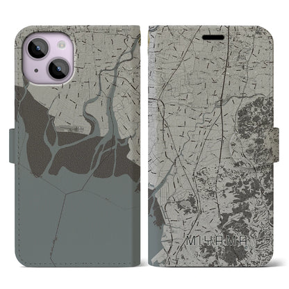 【みやま（福岡県）】地図柄iPhoneケース（手帳タイプ）モノトーン・iPhone 14 用