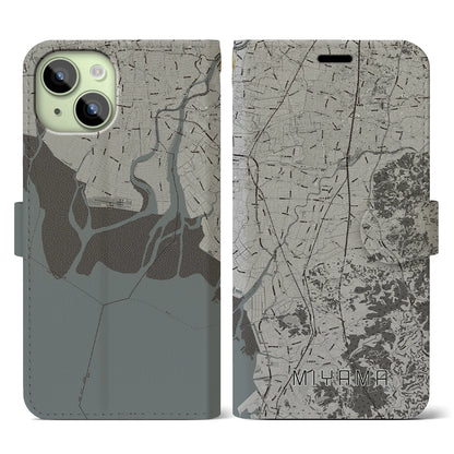 【みやま（福岡県）】地図柄iPhoneケース（手帳タイプ）モノトーン・iPhone 15 用