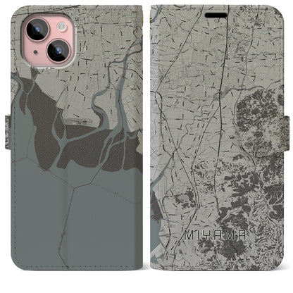 【みやま（福岡県）】地図柄iPhoneケース（手帳タイプ）モノトーン・iPhone 15 Plus 用