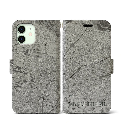 【宮前平（神奈川県）】地図柄iPhoneケース（手帳タイプ）モノトーン・iPhone 12 mini 用