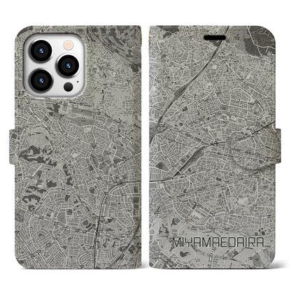 【宮前平（神奈川県）】地図柄iPhoneケース（手帳タイプ）モノトーン・iPhone 13 Pro 用