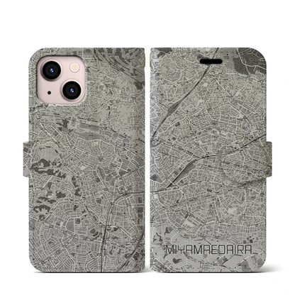 【宮前平（神奈川県）】地図柄iPhoneケース（手帳タイプ）モノトーン・iPhone 13 mini 用