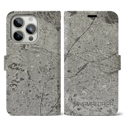 【宮前平（神奈川県）】地図柄iPhoneケース（手帳タイプ）モノトーン・iPhone 15 Pro 用