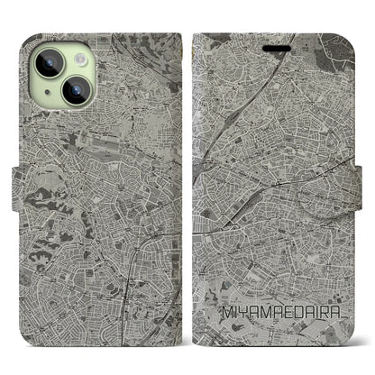 【宮前平（神奈川県）】地図柄iPhoneケース（手帳タイプ）モノトーン・iPhone 15 用