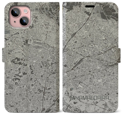 【宮前平（神奈川県）】地図柄iPhoneケース（手帳タイプ）モノトーン・iPhone 15 Plus 用