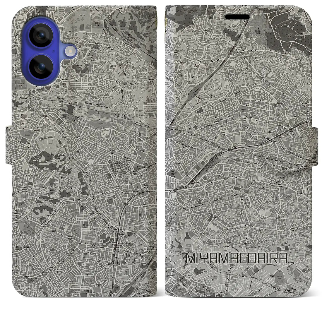 【宮前平(神奈川県)】地図柄iPhoneケース(手帳タイプ)モノトーン・iPhone 16 Pro Max 用