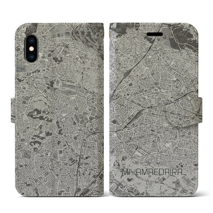 【宮前平（神奈川県）】地図柄iPhoneケース（手帳タイプ）モノトーン・iPhone XS / X 用