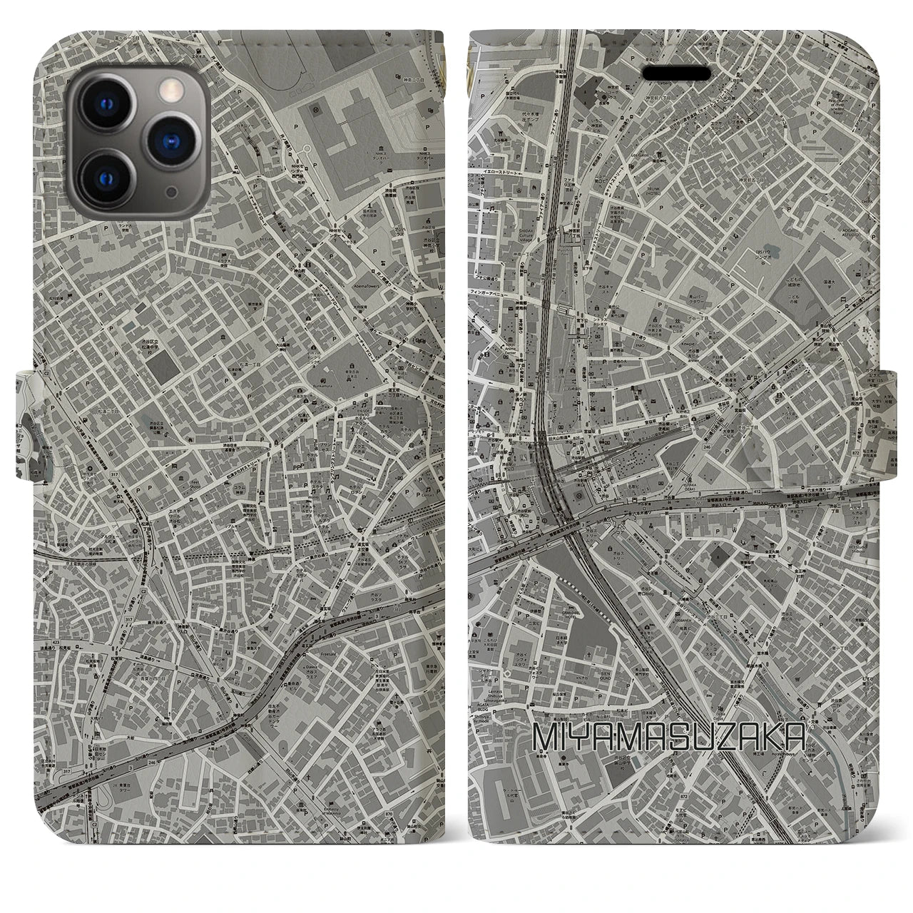 【宮益坂】地図柄iPhoneケース（手帳両面タイプ・モノトーン）iPhone 11 Pro Max 用