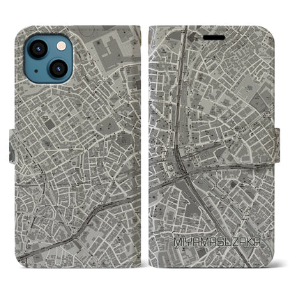 【宮益坂（東京都）】地図柄iPhoneケース（手帳タイプ）モノトーン・iPhone 13 用