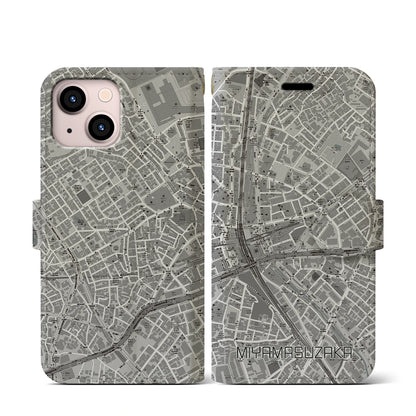 【宮益坂（東京都）】地図柄iPhoneケース（手帳タイプ）モノトーン・iPhone 13 mini 用