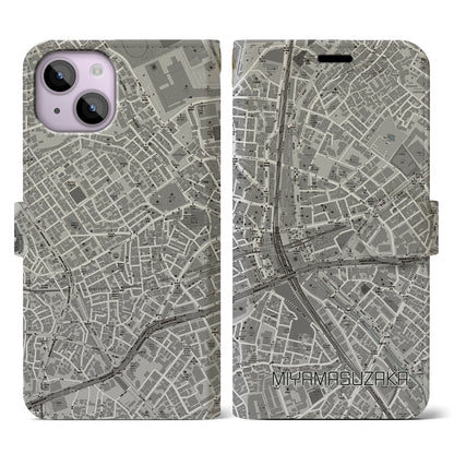 【宮益坂（東京都）】地図柄iPhoneケース（手帳タイプ）モノトーン・iPhone 14 用