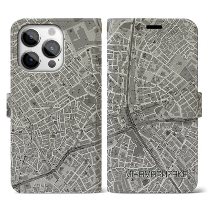 【宮益坂（東京都）】地図柄iPhoneケース（手帳タイプ）モノトーン・iPhone 14 Pro 用