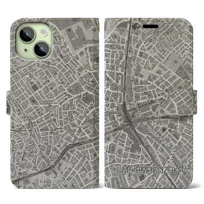 【宮益坂（東京都）】地図柄iPhoneケース（手帳タイプ）モノトーン・iPhone 15 用