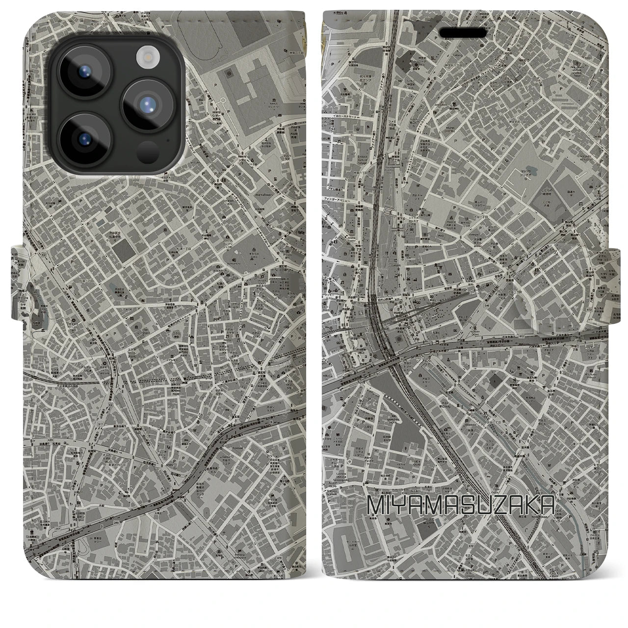 【宮益坂】地図柄iPhoneケース（手帳両面タイプ・モノトーン）iPhone 15 Pro Max 用