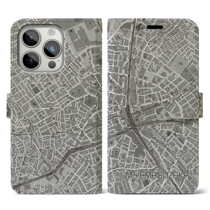 【宮益坂（東京都）】地図柄iPhoneケース（手帳タイプ）モノトーン・iPhone 15 Pro 用