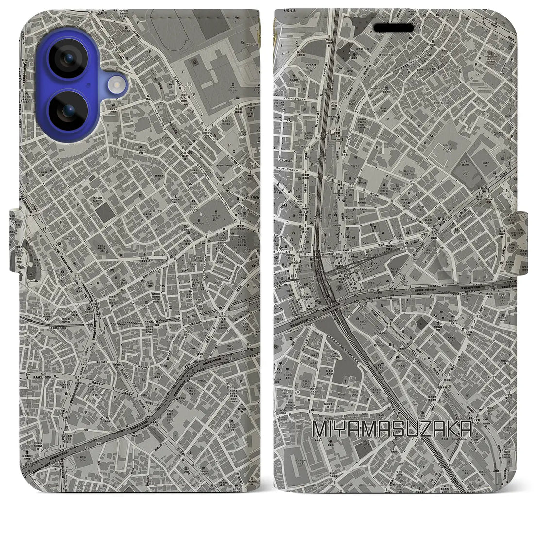 【宮益坂(東京都)】地図柄iPhoneケース(手帳タイプ)モノトーン・iPhone 16 Pro Max 用