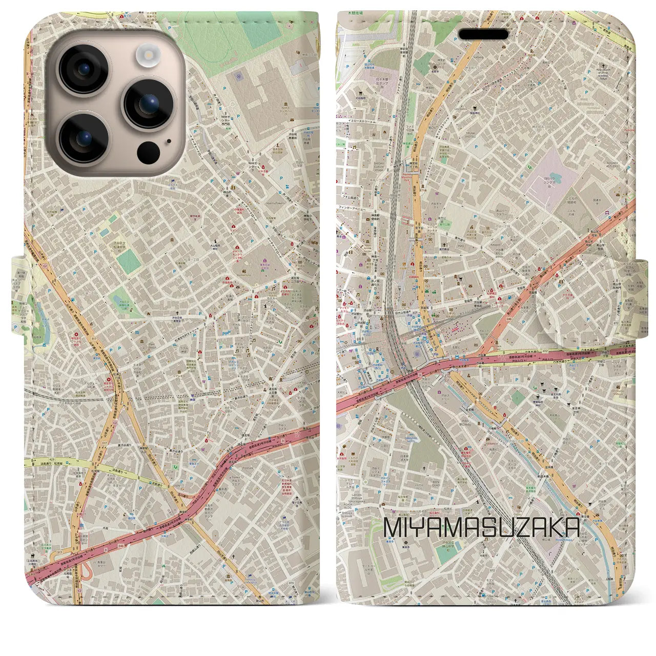 【宮益坂（東京都）】地図柄iPhoneケース（手帳タイプ）ナチュラル・iPhone 16 Plus 用