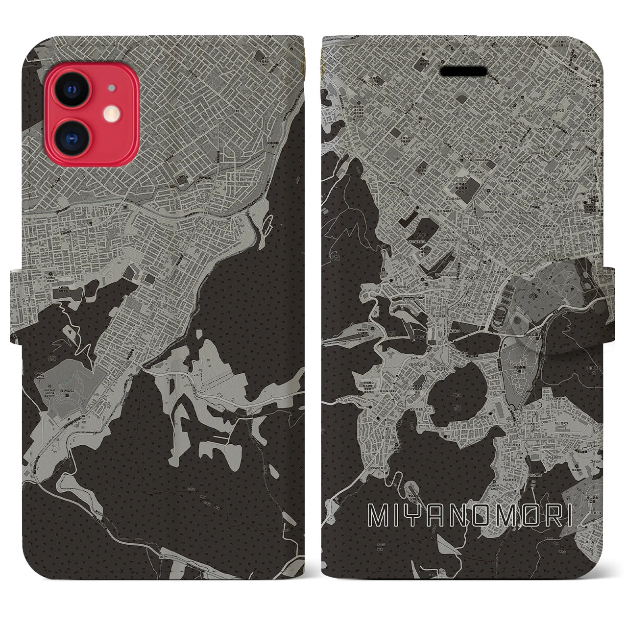 【宮の森】地図柄iPhoneケース（手帳両面タイプ・モノトーン）iPhone 11 用