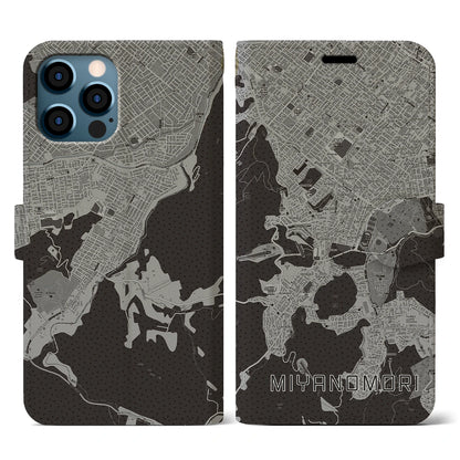 【宮の森（北海道）】地図柄iPhoneケース（手帳タイプ）モノトーン・iPhone 12 / 12 Pro 用