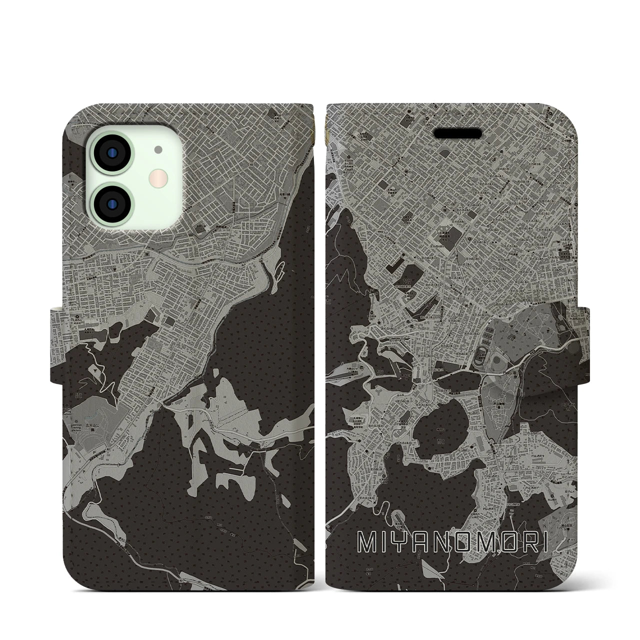 【宮の森】地図柄iPhoneケース（手帳両面タイプ・モノトーン）iPhone 12 mini 用