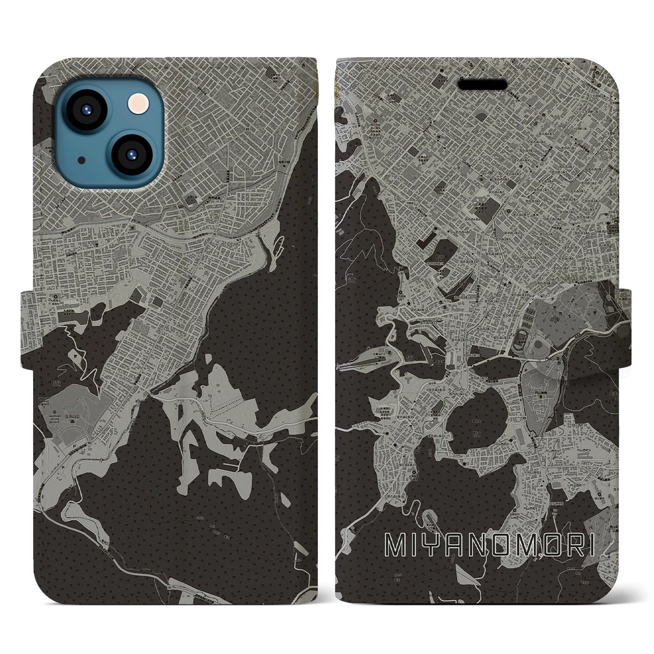 【宮の森】地図柄iPhoneケース（手帳両面タイプ・モノトーン）iPhone 13 用