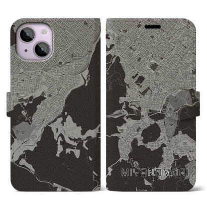 【宮の森（北海道）】地図柄iPhoneケース（手帳タイプ）モノトーン・iPhone 14 用