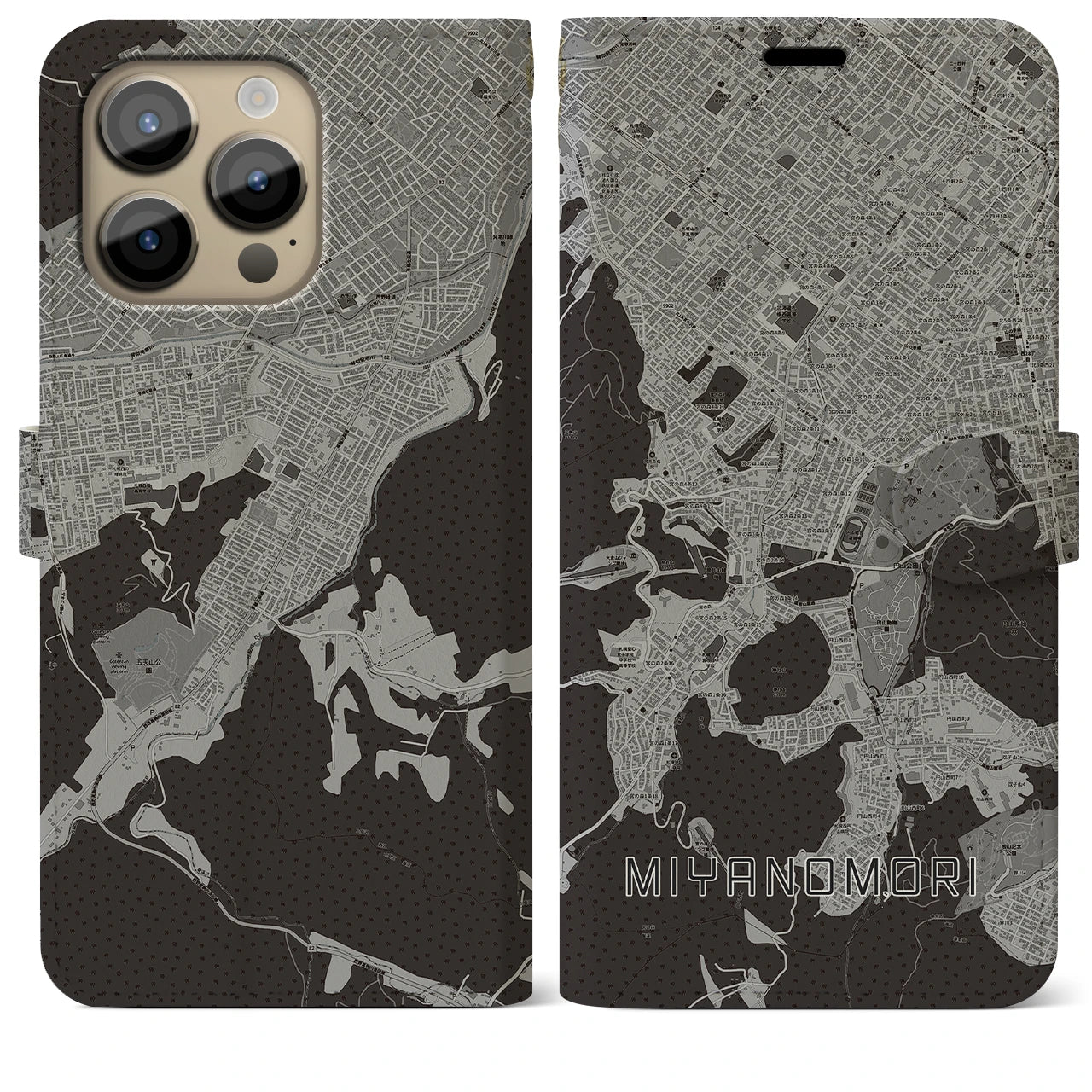 【宮の森】地図柄iPhoneケース（手帳両面タイプ・モノトーン）iPhone 14 Pro Max 用