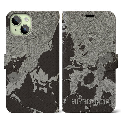 【宮の森（北海道）】地図柄iPhoneケース（手帳タイプ）モノトーン・iPhone 15 用