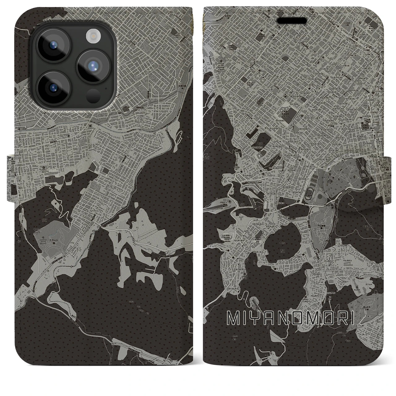 【宮の森】地図柄iPhoneケース（手帳両面タイプ・モノトーン）iPhone 15 Pro Max 用