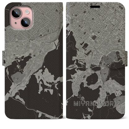 【宮の森（北海道）】地図柄iPhoneケース（手帳タイプ）モノトーン・iPhone 15 Plus 用