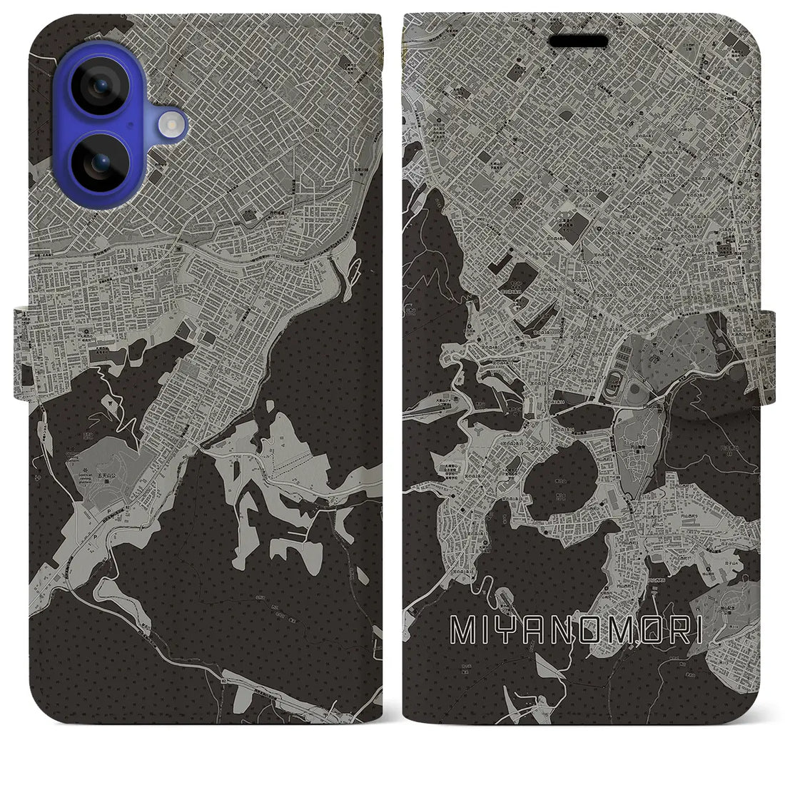 【宮の森(北海道)】地図柄iPhoneケース(手帳タイプ)モノトーン・iPhone 16 Pro Max 用