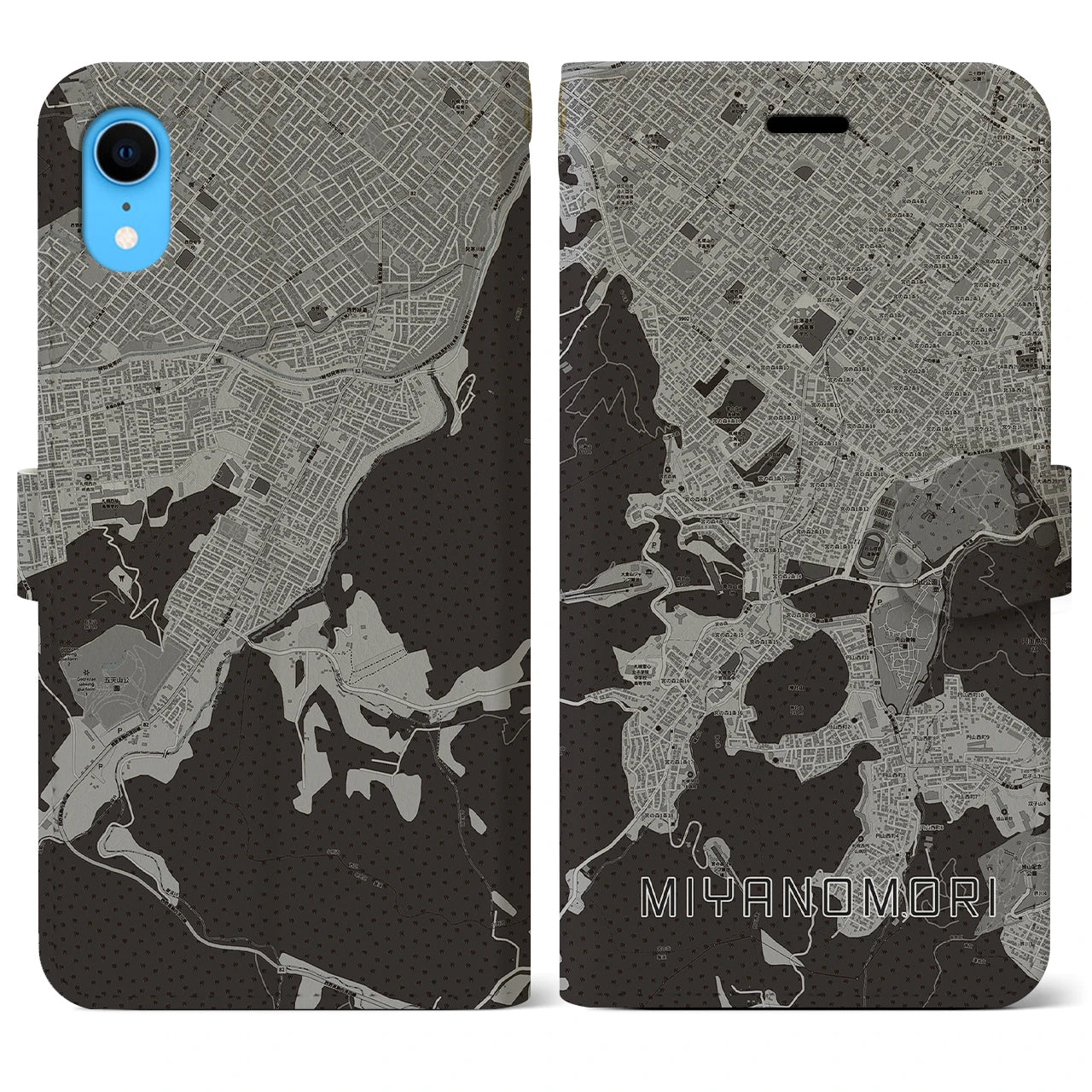 【宮の森】地図柄iPhoneケース（手帳両面タイプ・モノトーン）iPhone XR 用