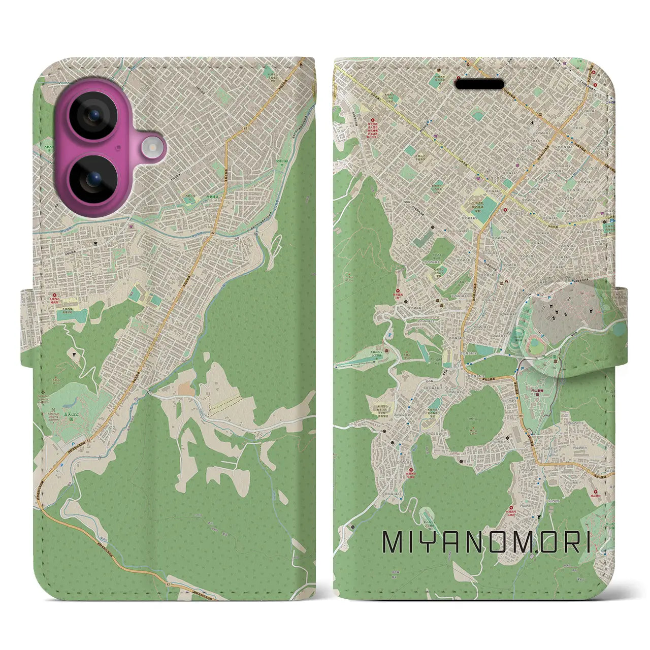 【宮の森（北海道）】地図柄iPhoneケース（手帳タイプ）ナチュラル・iPhone 16 Pro 用