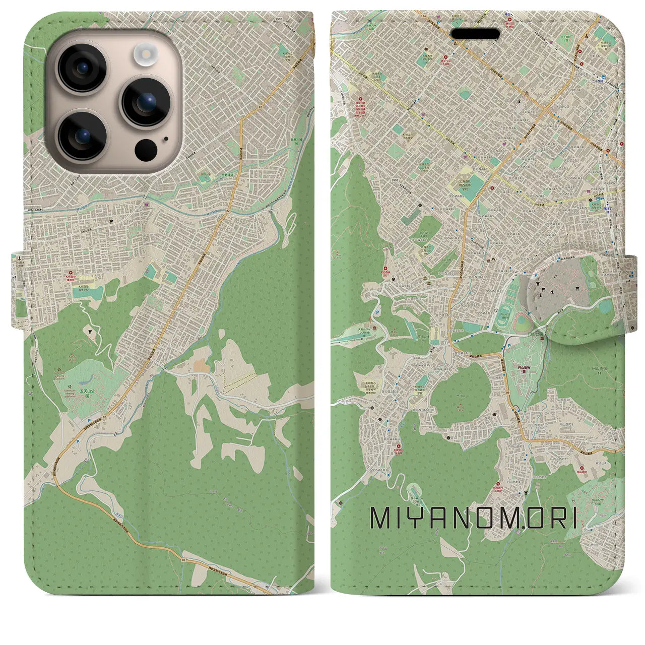 【宮の森（北海道）】地図柄iPhoneケース（手帳タイプ）ナチュラル・iPhone 16 Plus 用